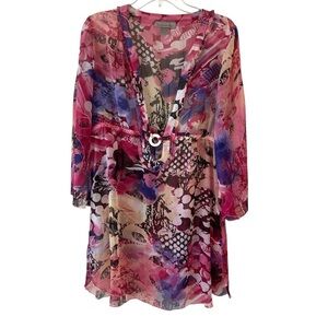 Pink Floral Long Sleeve Bathing Suit Cover Up Large